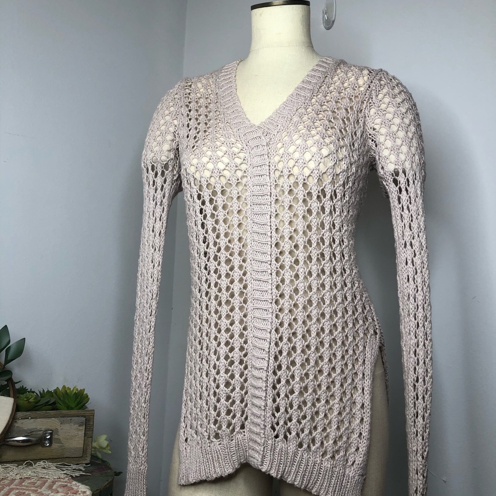 Cotton by Autumn Cashmere Oatmeal Crochet Open Knit Neutral Sweater S Fisherman